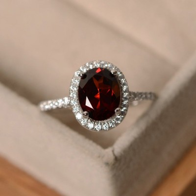 Vintage Oval Cut Garnet 925 Sterling Silver Halo Engagement Ring