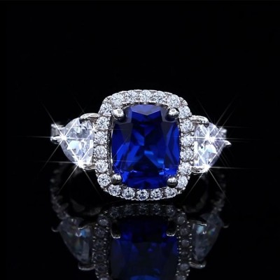 Cushion Cut Blue Sapphire 925 Sterling Silver 3-Stone Trio Engagement Ring