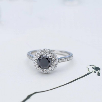 Round Cut Black Sapphire 925 Sterling Silver Double Halo Engagement Ring