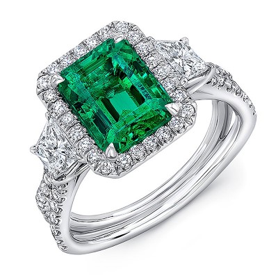 Emerald Cut Emerald 925 Sterling Silver Three-Stone Halo Engagement Ring