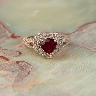 Rose Gold Heart Cut Ruby Sterling Silver Double Halo Engagement Ring
