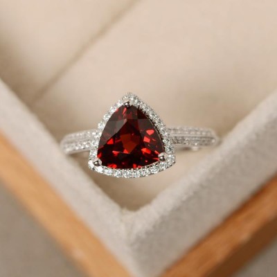 Trillion Cut Garnet Sterling Silver Halo Engagement Ring