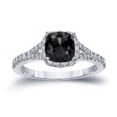 Cushion Cut Black Sapphire Sterling Silver Halo Engagement Ring