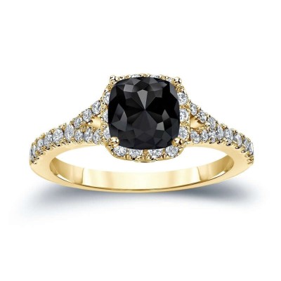 Gold Cushion Cut Black Sapphire Sterling Silver Halo Engagement Ring