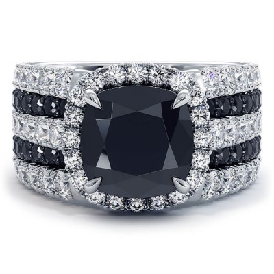 Cushion Cut Black Sapphire 925 Sterling Silver Halo Engagement Ring