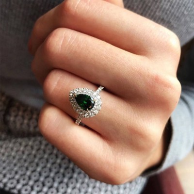 Pear Cut Emerald 925 Sterling Silver Double Halo Engagement Ring