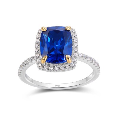 Radiant Cut Blue Sapphire Sterling Silver Double Halo Engagement Ring