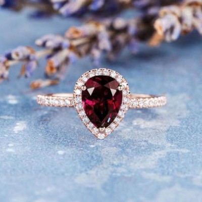 Rose Gold Pear Cut Ruby 925 Sterling Silver Halo Engagement Ring