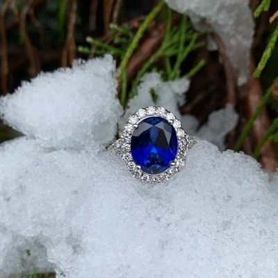 Vintage Oval Cut Blue Sapphire Sterling Silver Halo Engagement Ring