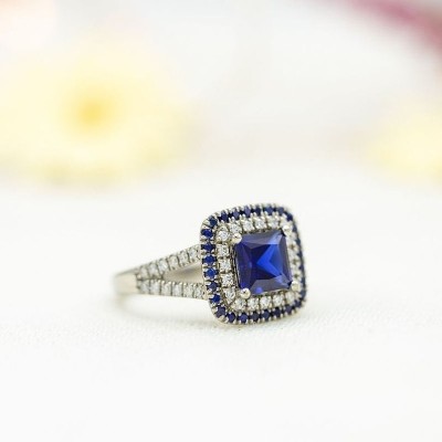 Princess Cut Blue Sapphire Sterling Silver Double Halo Engagement Ring