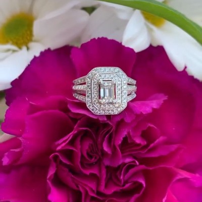 Emerald Cut White Sapphire Sterling Silver Split Shank Double Halo Engagement Ring