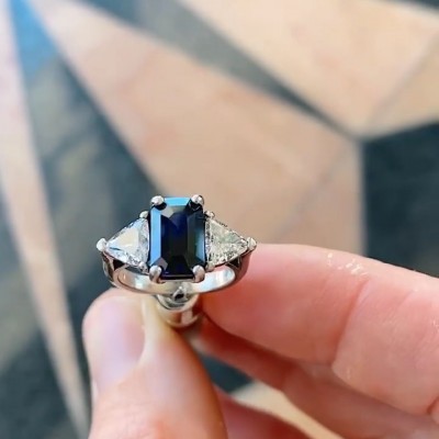 Emerald Cut Blue Sapphire 925 Sterling Silver Three Stone Engagement Ring