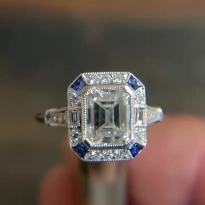 Vintage Emerald Cut White & Blue Sapphire Sterling Silver Halo Engagement Ring