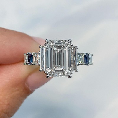 Emerald Cut White Sapphire 925 Sterling Silver 3-Stone Engagement Ring