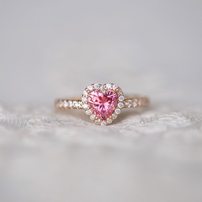 Rose Gold Heart Cut Pink Sapphire 925 Sterling Silver Halo Engagement Ring