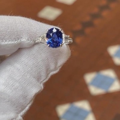 Oval Cut Blue Sapphire Sterling Silver 3-Stone Engagement Ring