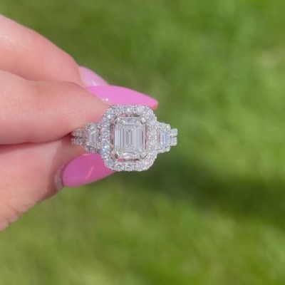 Emerald Cut White Sapphire Sterling Silver Halo Engagement Ring
