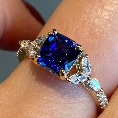 Gold Princess Cut Blue Sapphire Sterling Silver Engagement Ring
