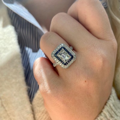 Vintage Emerald Cut White Sapphire Sterling Silver Halo Engagement Ring