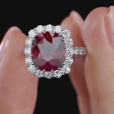 Cushion Cut Ruby Sterling Silver Halo Engagement Ring