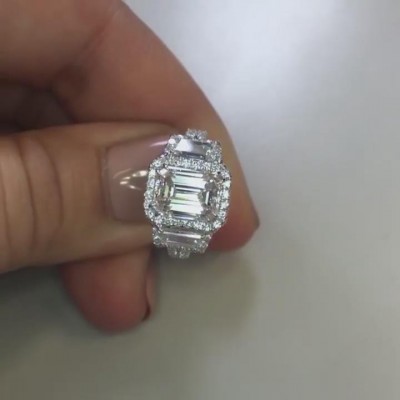 Emerald Cut White Sapphire Sterling Silver 3-Stone Halo Engagement Ring