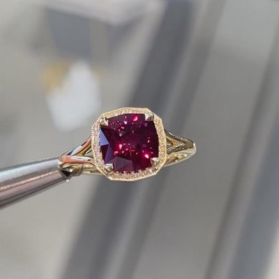 Yellow Gold Cushion Cut Ruby Sterling Silver Halo Engagement Ring