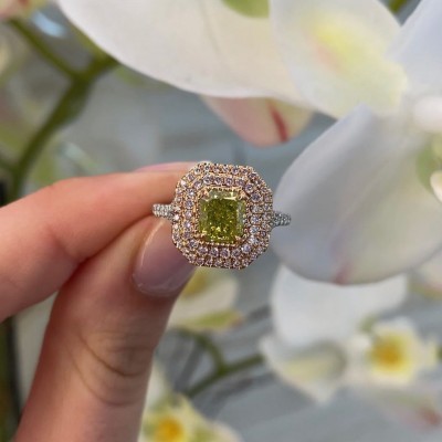 Radiant Cut Peridot Sterling Silver Double Halo Engagement Ring