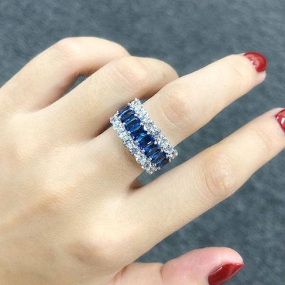 Eternity Emerald Cut Blue Sapphire Sterling Silver Tripe Row Women's Wedding Band