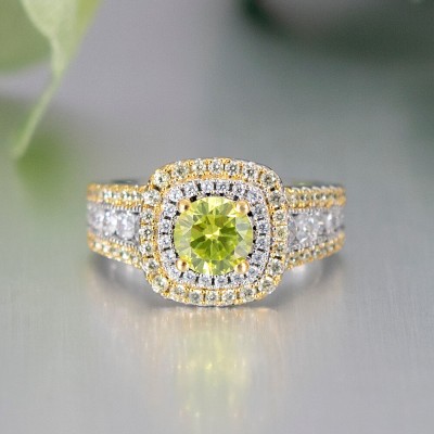Round Cut Peridot 925 Sterling Silver Double Halo Engagement Ring