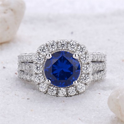 Round Cut Blue Sapphire 925 Sterling Silver Halo Engagement Ring