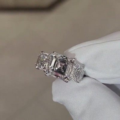 Asscher Cut White Sapphire 925 Sterling Silver 3-Stone Engagement Ring