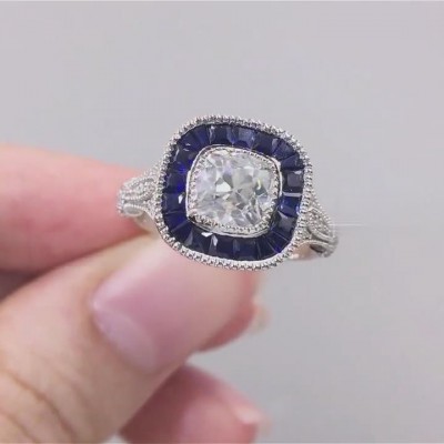 Vintage Cushion Cut White Sapphire 925 Sterling Silver Halo Engagement Ring
