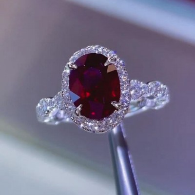 Oval Cut Ruby 925 Sterling Silver Halo Twisted Engagement Ring