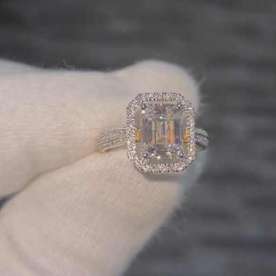 Yellow Gold Emerald Cut White Sapphire 925 Sterling Silver Engagement Ring