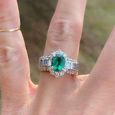 Vintage Oval Cut Emerald Sterling Silver Halo Engagement Ring