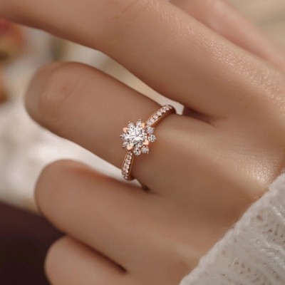 Rose Gold Round Cut White Sapphire Sterling Silver Flower Engagement Ring