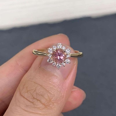 Yellow Gold Round Cut Pink Sapphire 925 Sterling Silver Engagement Ring