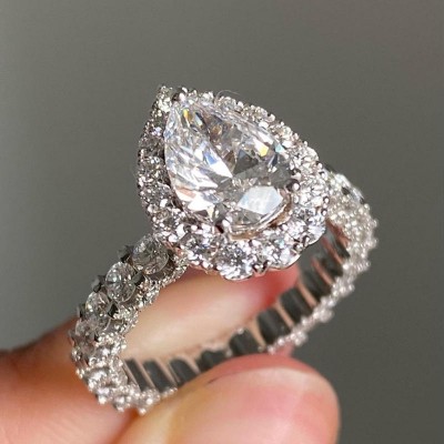 Pear Cut White Sapphire Sterling Silver Halo Engagement Ring