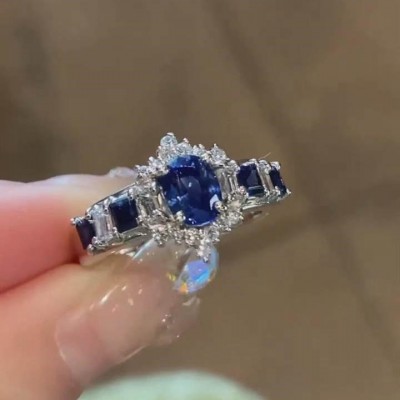 Vintage Oval Cut Blue Sapphire 925 Sterling Silver Halo Engagement Ring