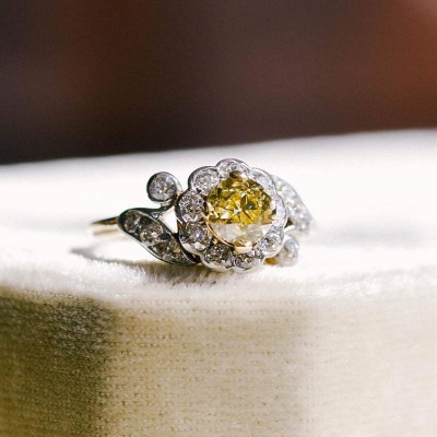 Floral Yellow Gold Round Cut Yellow Topaz 925 Sterling Silver Engagement Ring