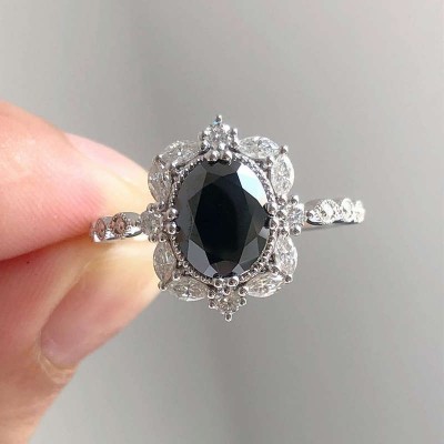 Vintage Oval Cut Black Sapphire 925 Sterling Silver Engagement Ring