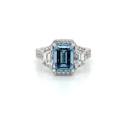 Emerald Cut Aquamarine 925 Sterling Silver 3-Stone Engagement Ring