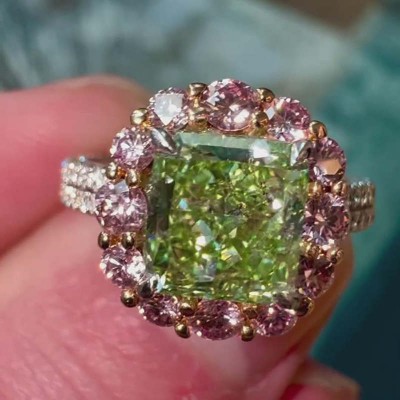 Radiant Cut Peridot 925 Sterling Silver Halo Engagement Ring
