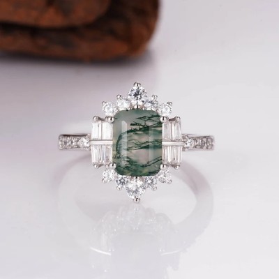 Vintage Radiant Cut Green Moss Agate 925 Sterling Silver Engagement Ring