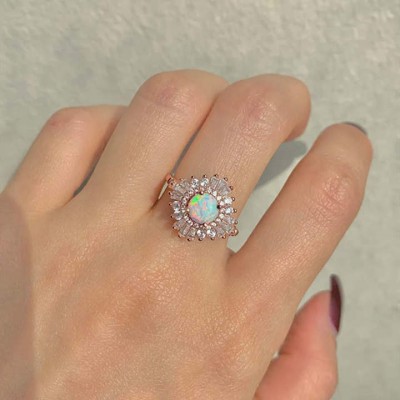 Rose Gold Round Cut Opal 925 Sterling Silver Engagement Ring