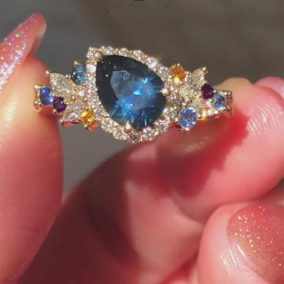 Yellow Gold Pear Cut Blue Sapphire 925 Sterling Silver Halo Engagement Ring