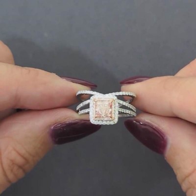 Princess Cut Pink Sapphire 925 Sterling Silver Halo Cross Engagement Ring