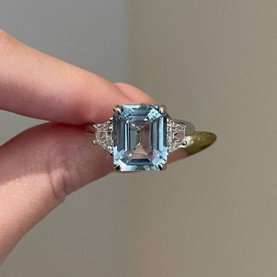 Emerald Cut Aquamarine 925 Sterling Silver Engagement Ring