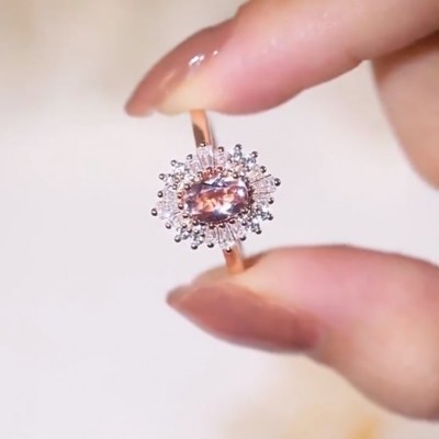 Art Deco Rose Gold Oval Cut Pink Sapphire 925 Sterling Silver Halo Engagement Ring