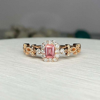 Rose Gold Emerald Cut Pink Sapphire 925 Sterling Silver Vines Halo Engagement Ring